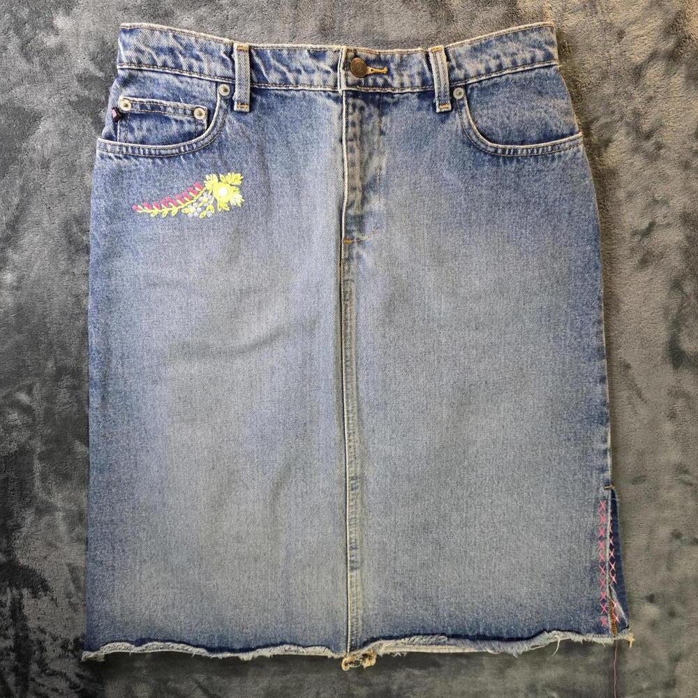 Ralph Lauren Polo Jeans Co Zoe Embroidered Denim Midi Skirt Raw Hem Women's Sz 8